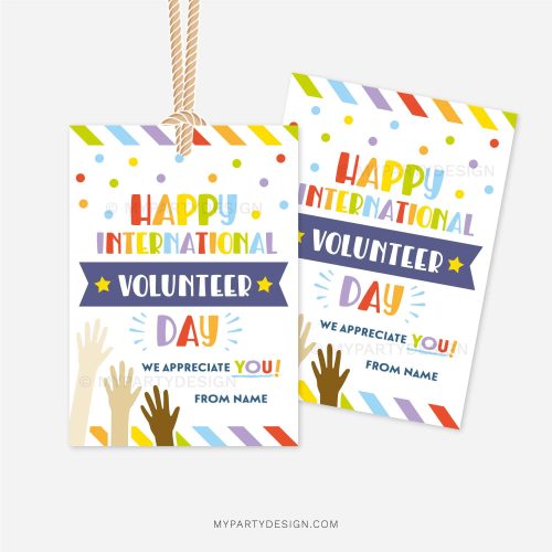 happy international volunteer day tags with colourful stripes and diverse hands illustrations