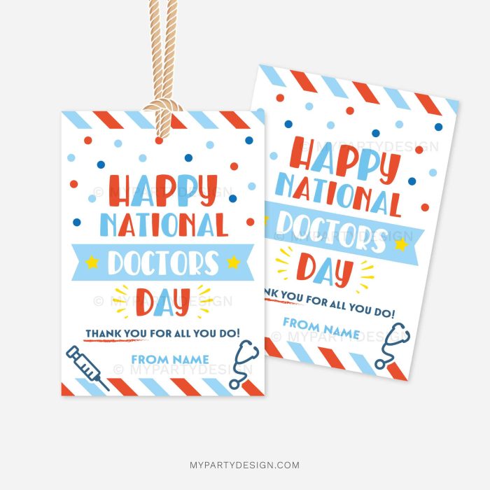 blue and red doctor appreciation tags that read "happy national doctors day, thank you of all you do"