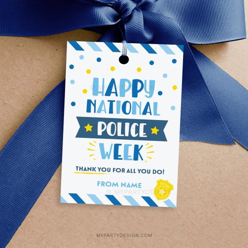 happy national police week tag in blue and yellow colors