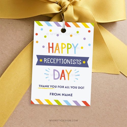 happy receptionists day tag in rainbow colors