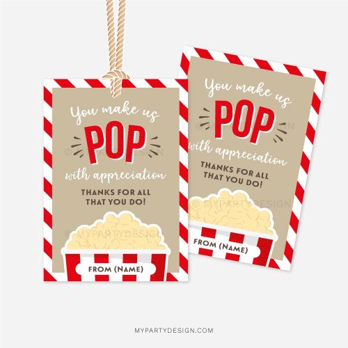 popcorn gift tag that reads "you make us pop with appreciation"