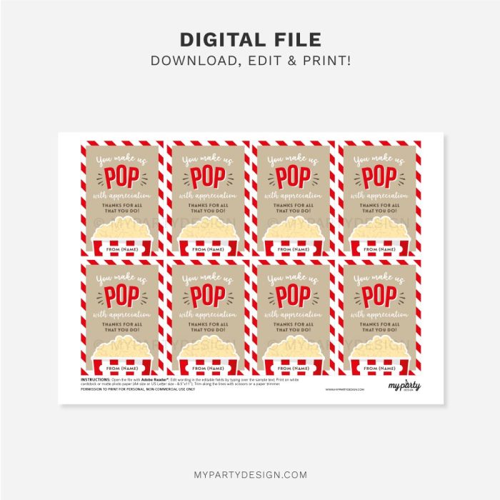 printable Pop With Appreciation Popcorn Tag for teacher appreciation week gifts