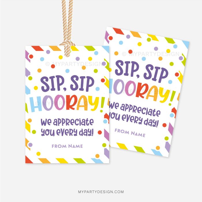 colorful sip sip hooray tags for staff or teacher appreciation gifts