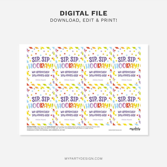editable sip sip hooray tags for staff or teacher appreciation gifts