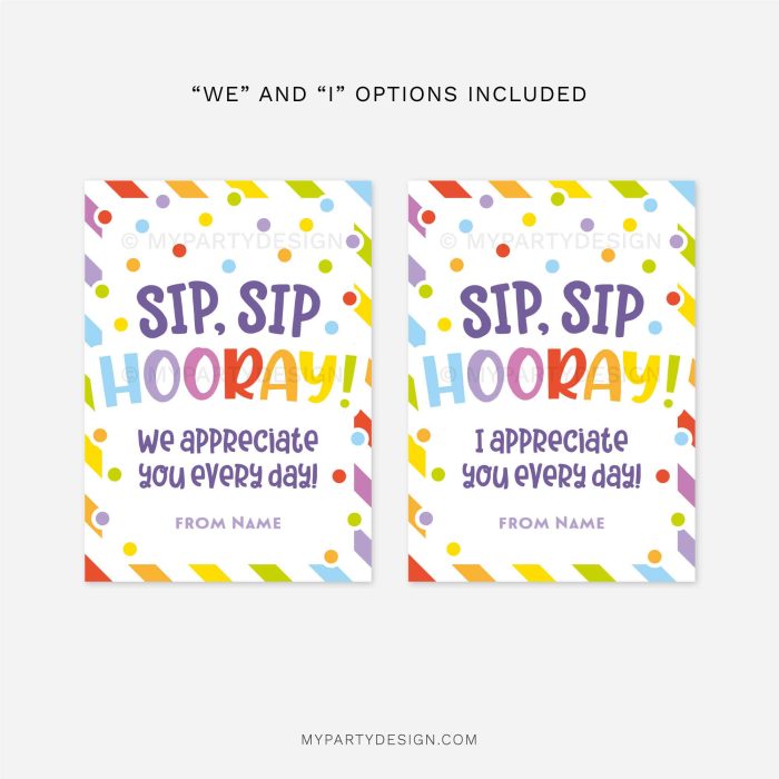 sip sip hooray gift tags for water bottle or drink straw gifts