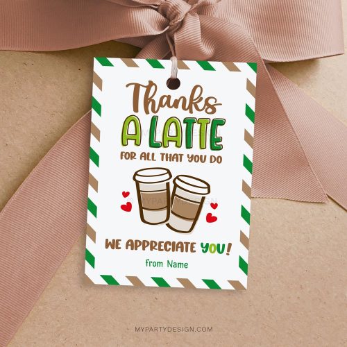 thanks a latte appreciation tag in green and brown colors