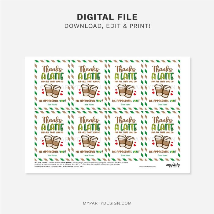 printable thanks a latte appreciation tag for coffee appreciation gift