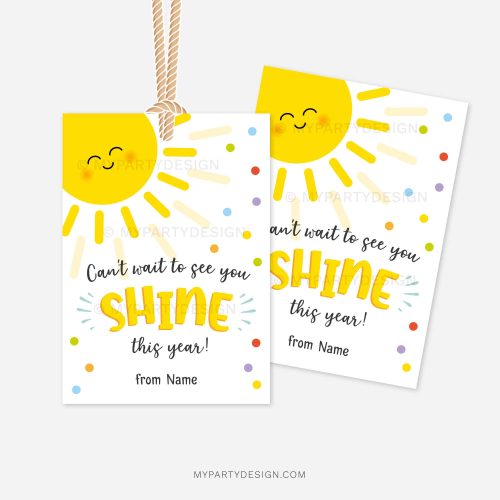 colorful back to school gift tags with cute sun illustration that read "can't wait to see you shine this year"