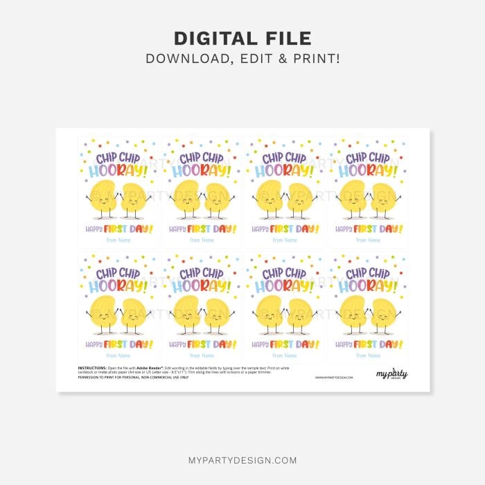 printable Chip Hooray First Day of School Chips Gift Tag for back to school gifts