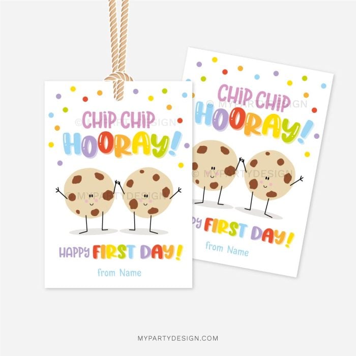 cookie gift tag that reads "chip chip hooray! happy first day!"