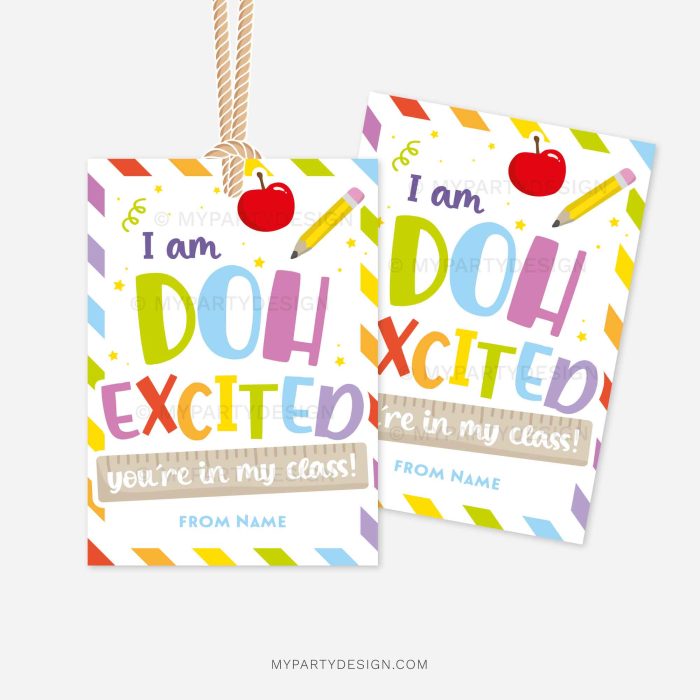colorful first day of school play dough gift tags that read "I'm DOH excited you're in my class!"