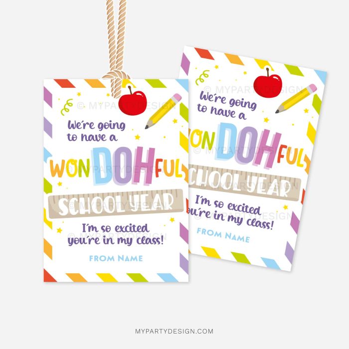 colorful first day of school gift tags that read "We're going to have a Won-DOH-ful school year. I'm so excited you're in my class!"