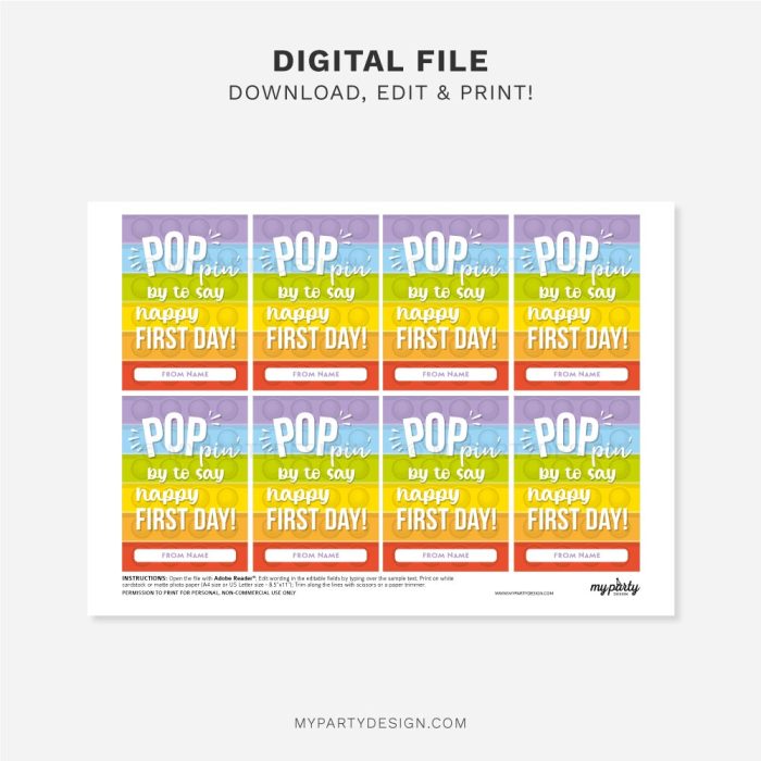 printable Pop It Back to School Gift Tag for first day of school gifts