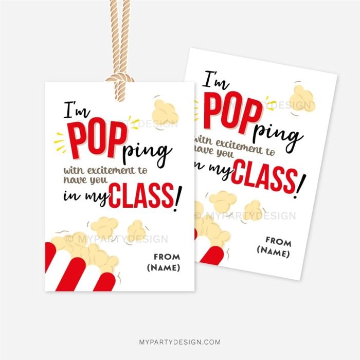 back to school popcorn gift tag that reads "I'm POPping with excitement to have you in my class!"