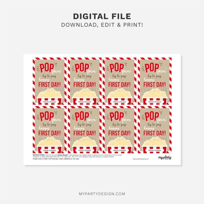 printable Popcorn First Day of School Gift Tag for teacher or student gifts