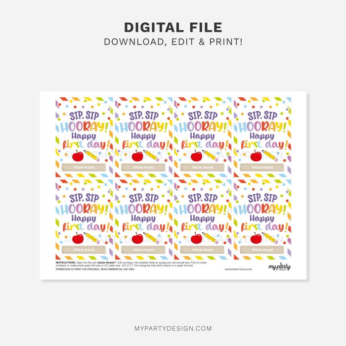 printable back to school sip Sip hooray gift tag for first day of school class gifts