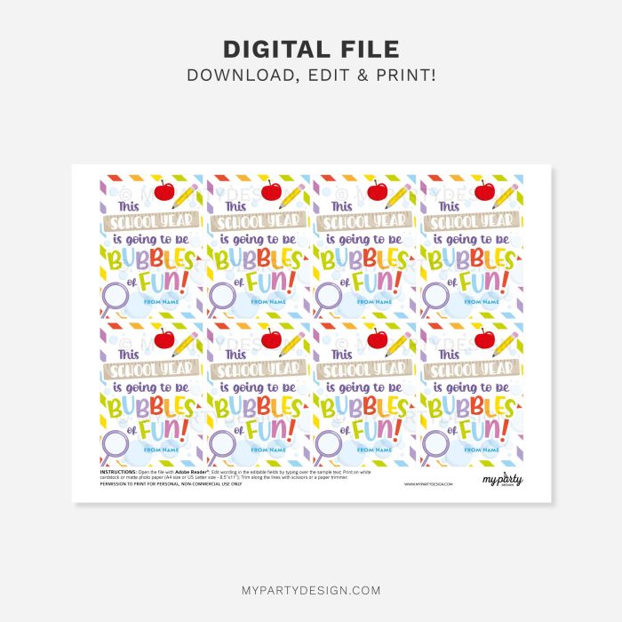 printable back to school bubbles of fun gift tag for first day of school class gifts