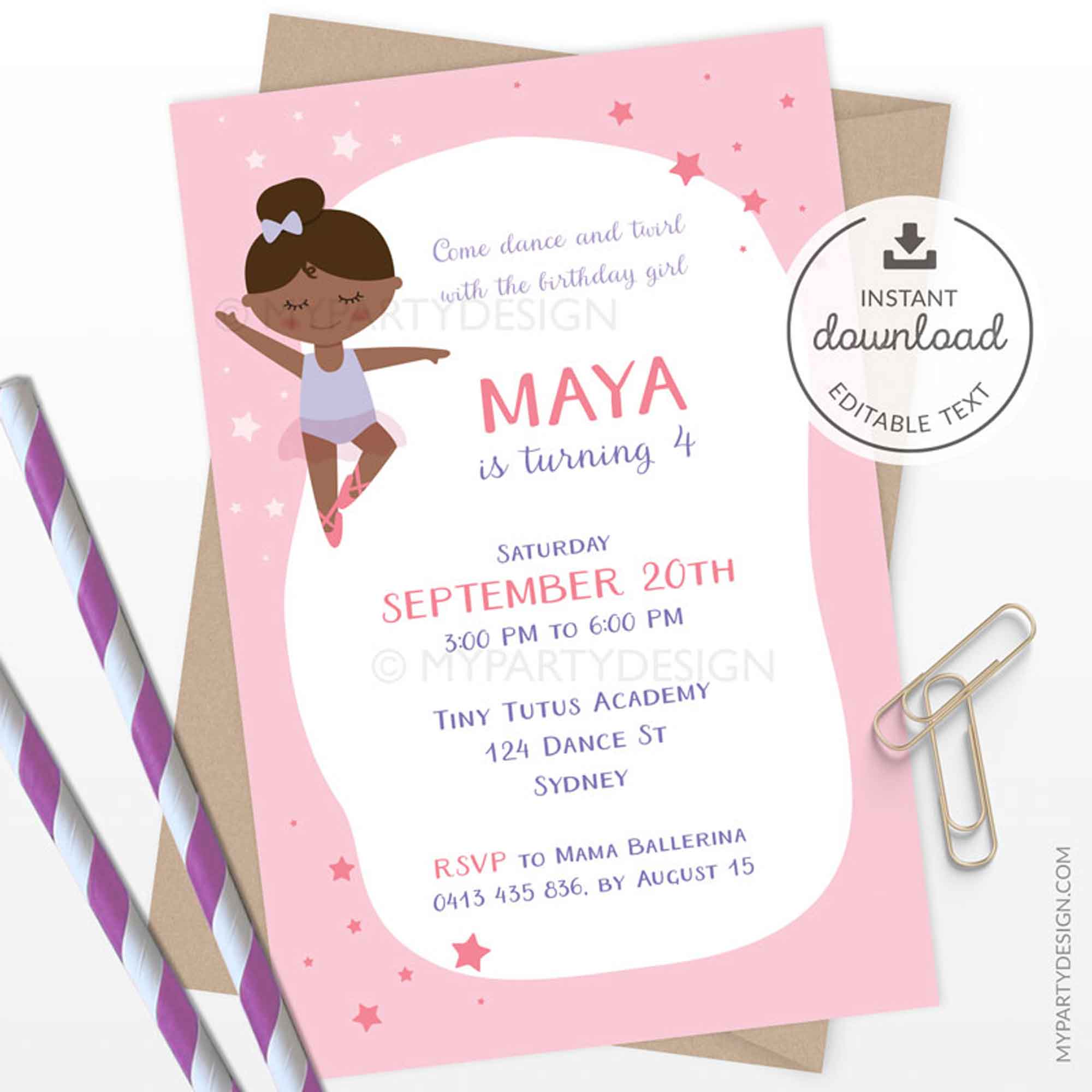 BALLERINA_B_BDAY_INVITATION-02 Black ballerina invitation - printable instant download editable invite