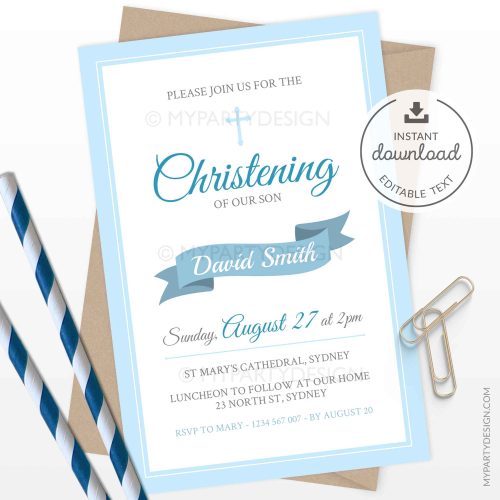 blue baptism or christening party invitation printable and editable