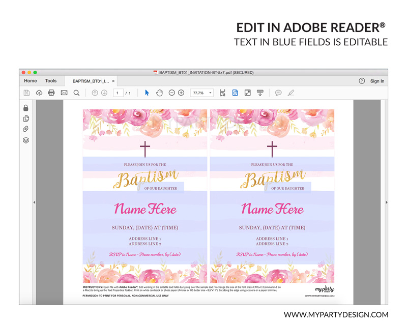 BAPTISM_BT01_INVITATION-14 pink floral baptism party invitation - editable printable invite