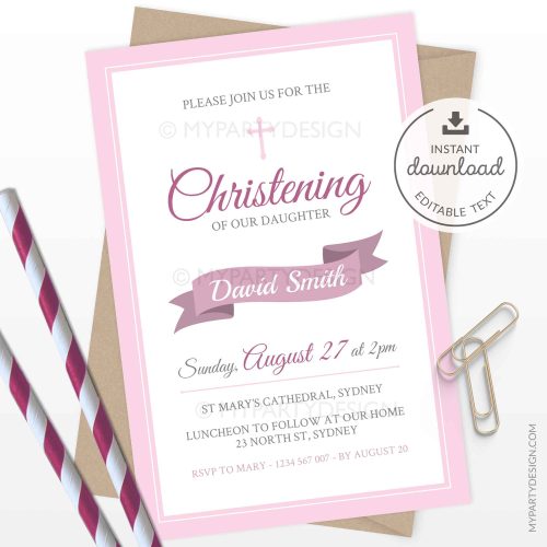 pink baptism or christening party invitation printable and editable