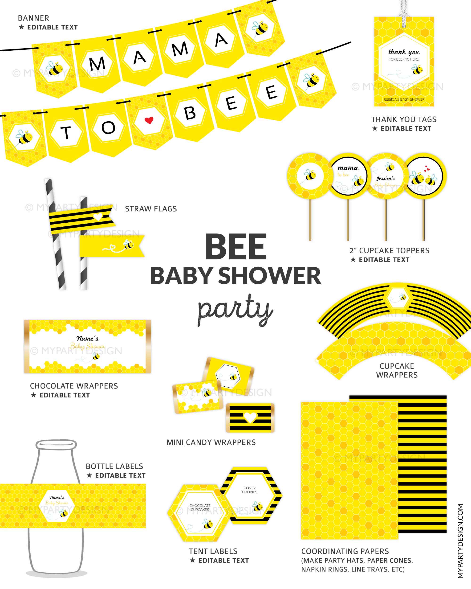 BEE-BABY-SHOWER-PARTY-PRINTABLES-00B yellow and black bee baby shower printables for a gender neutral baby shower decoration