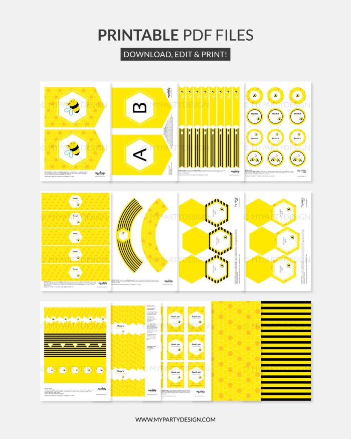 printable yellow and black bee baby shower party decorations for a gender neutral baby shower