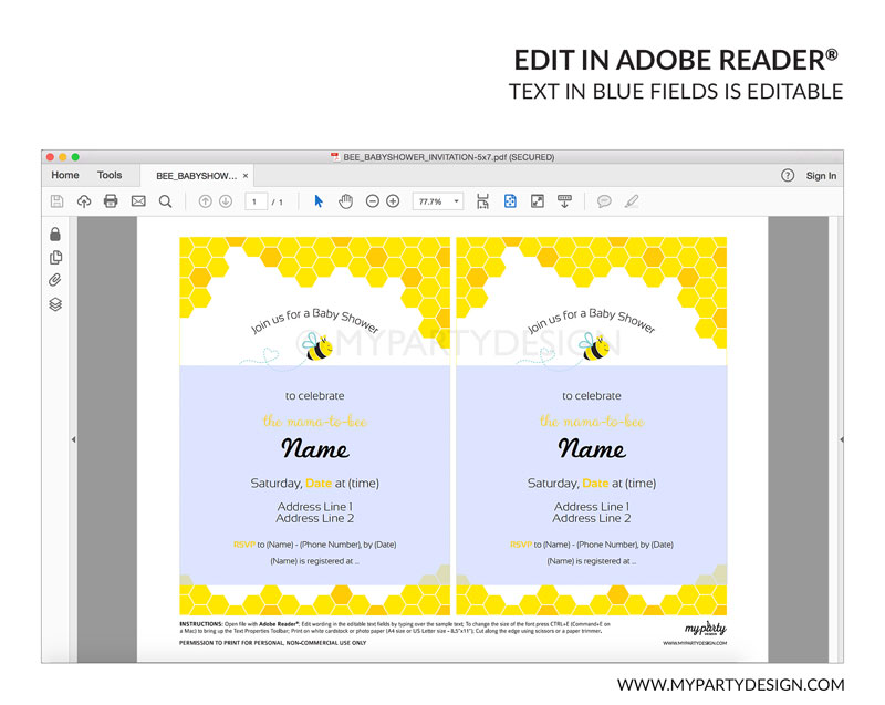 BEE_BABYSHOWER_INVITATION-00B bee baby shower party invitation - editable printable invite