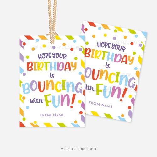 colorful happy birthday gift tags that read "hope your birthday is bouncing with fun"