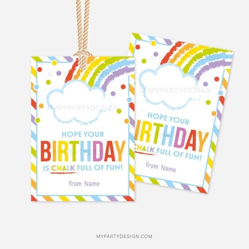 rainbow chalk birthday gift tags that read "hope your birthday is chalk full of fun"