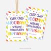 rainbow birthday gift tags that read "chip chip hooray, wishing you a happy birthday"