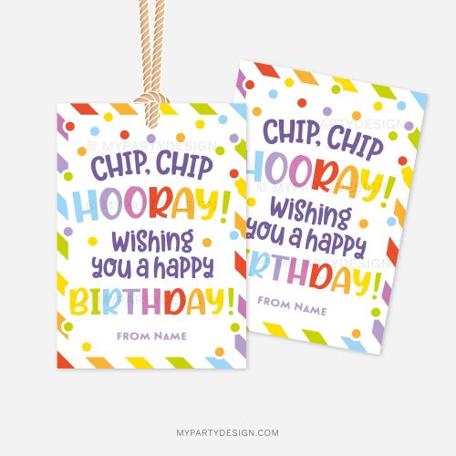 rainbow birthday gift tags that read "chip chip hooray, wishing you a happy birthday"