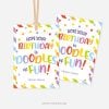 colorful happy birthday gift tags that read "hope your birthday is doodles of fun"
