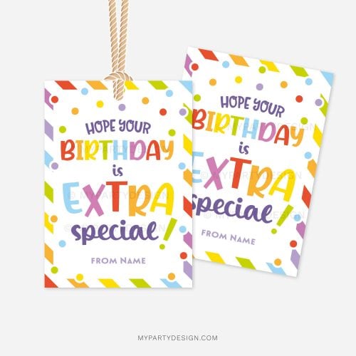 rainbow birthday gift tags that read "hope your birthday is extra special"