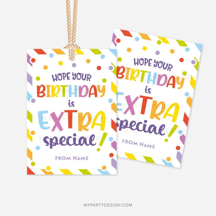 rainbow birthday gift tags that read "hope your birthday is extra special"