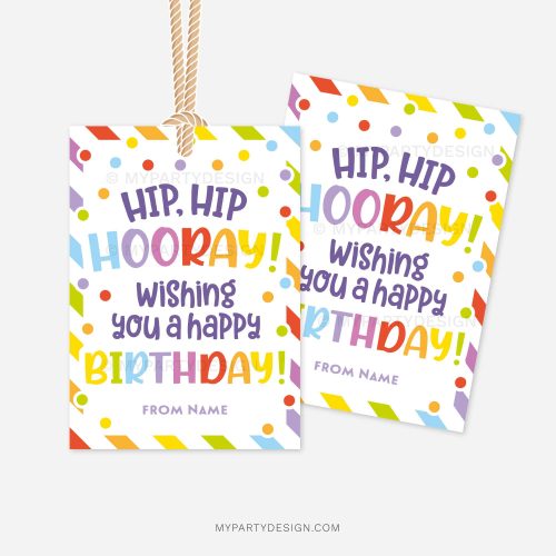 rainbow birthday gift tags that read "hip hip hooray, wishing you a happy birthday"