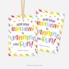 colorful happy birthday gift tags that read "hope your birthday is spinning with fun"