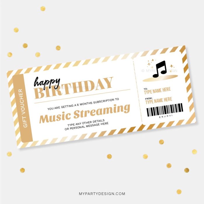 music gift voucher template for music streaming service or concert ticket gift