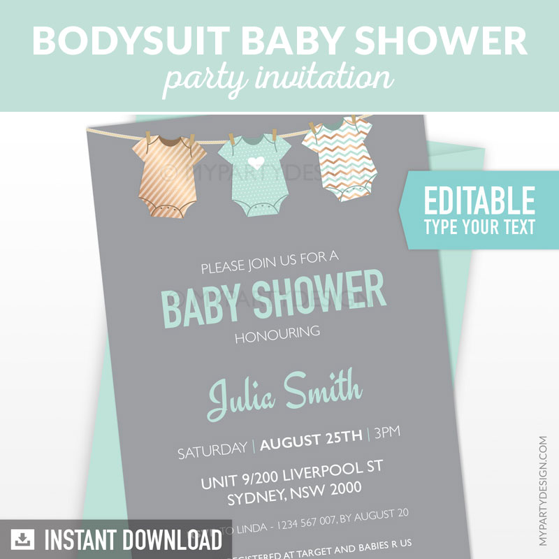 BODYSUIT_MINT_BABYSHOWER_INVITATION-00A mint green gender neutral baby shower invitation printable and editable