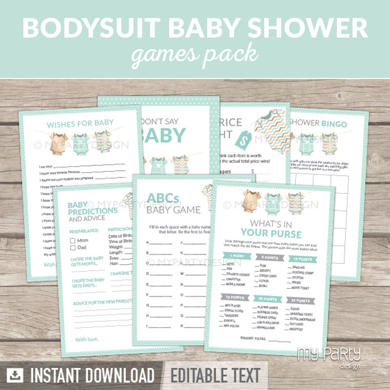BODYSUIT_TURQUOISE_BABY_SHOWER_G Green Baby Shower Games Printables