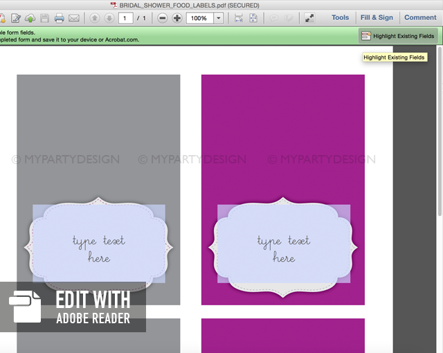 printable purple party food labels