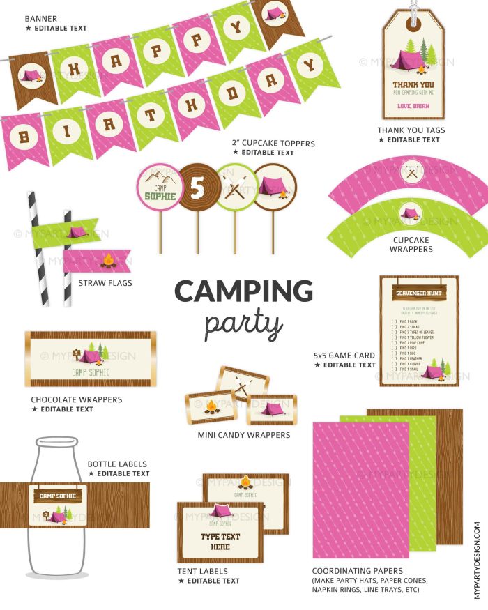 pink and green camping party printables for kids birthday