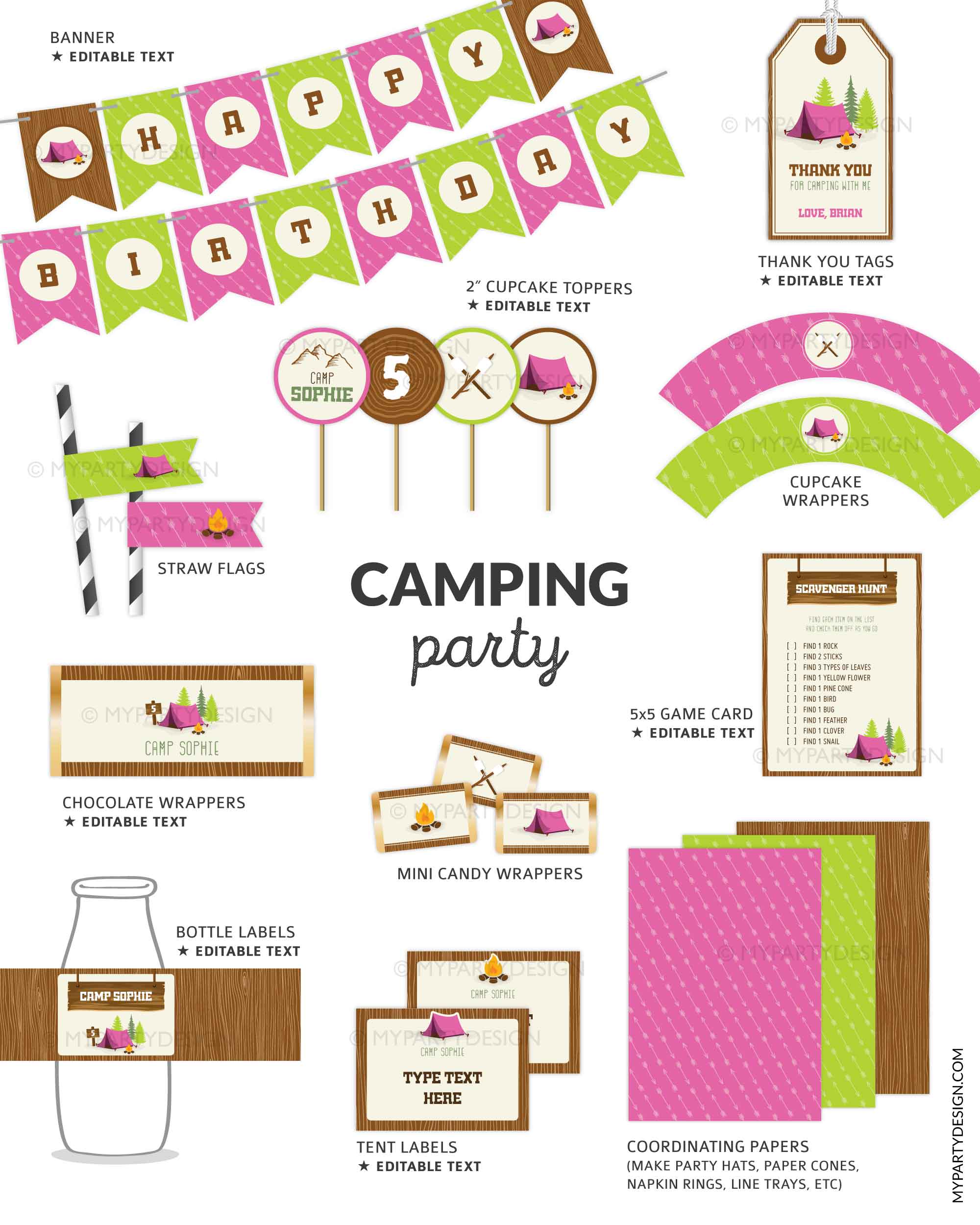 CAMPING-BIRTHDAY-PARTY-PINK-PRINTABLES-00B pink and green camping party printables for kids birthday