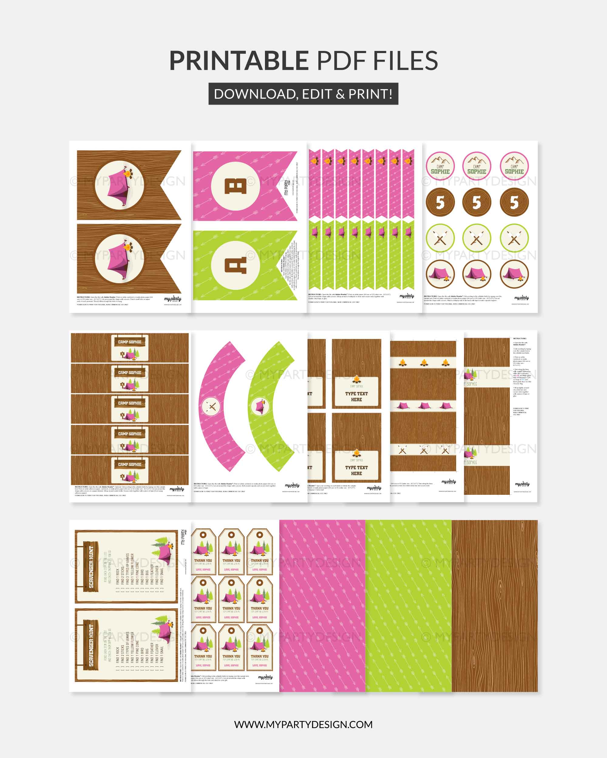 CAMPING-BIRTHDAY-PARTY-PINK-PRINTABLES-00C printable pink and green camping party decorations for kids birthday