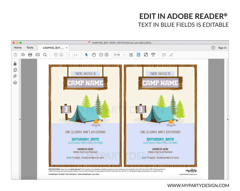 CAMPING_BOY_BDAY_INVITATION-06 camping party invitation - editable printable invite