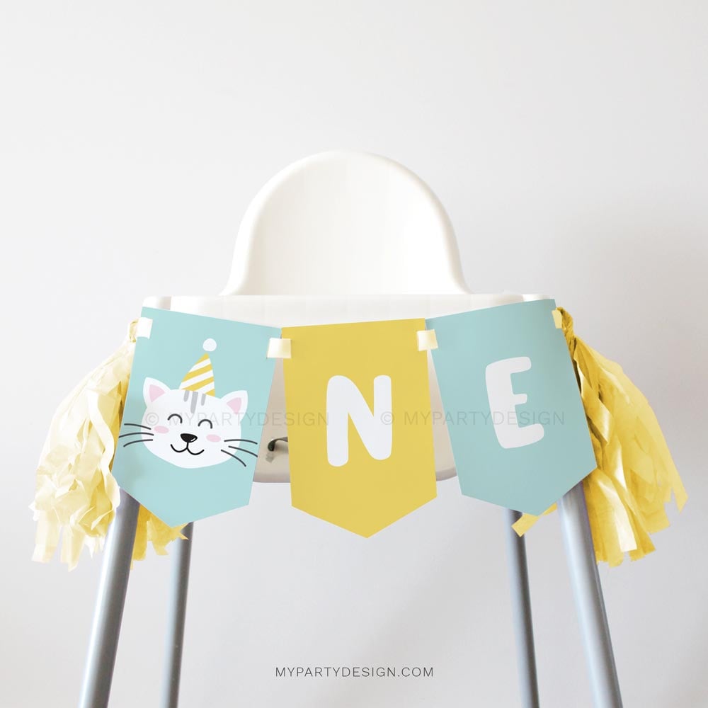 CAT-KITTEN-BIRTHDAY-PARTY-PRINTABLE-HIGH-CHAIR-BANNER-ONE-00A kitty cat party high chair banner for first birthday party