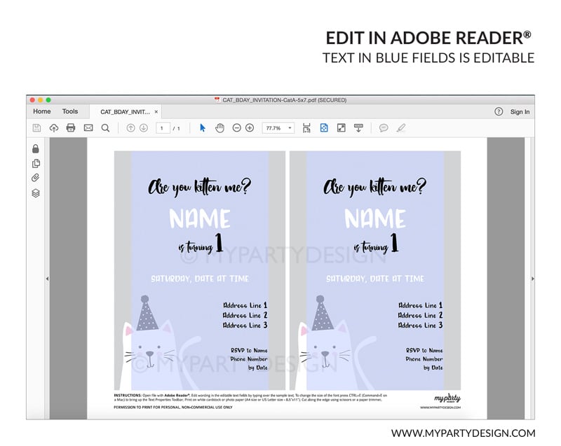 CAT_BDAY_INVITATION-22 grey cat party invitation - editable printable invite