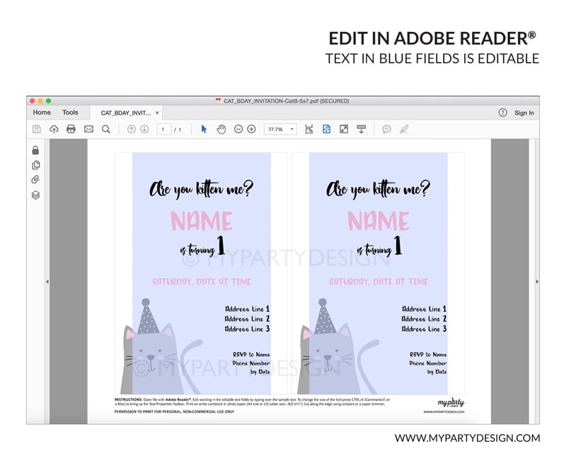 CAT_BDAY_INVITATION-23 white cat party invitation - editable printable invite