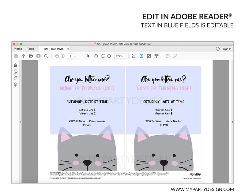 CAT_BDAY_INVITATION-26 white cat party invitation - editable printable invite