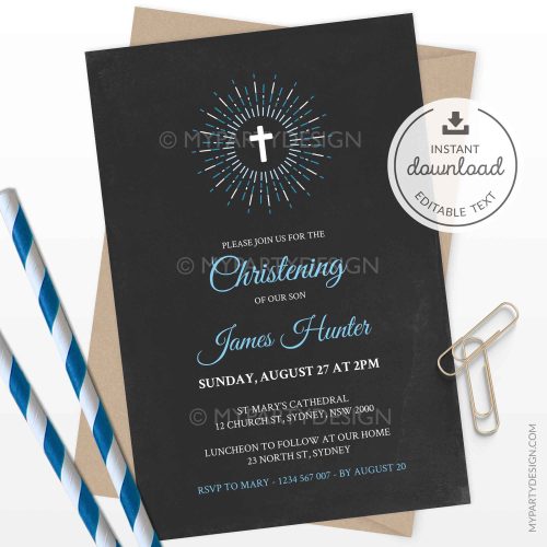 blue chalkboard baptism or christening party invitation printable and editable